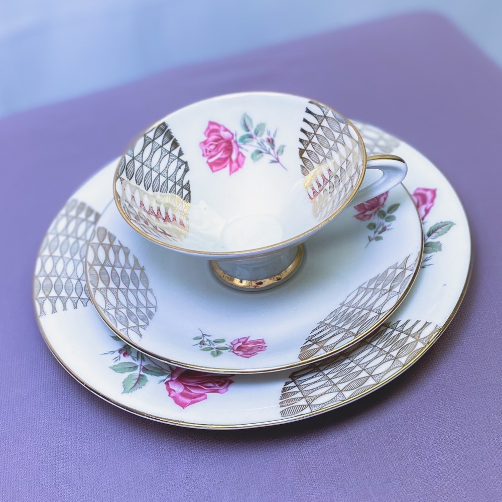 Vintage 3 Tiered Elado Bavaria Tea Cup Saucer Plate Rose & Gold German Set Rare